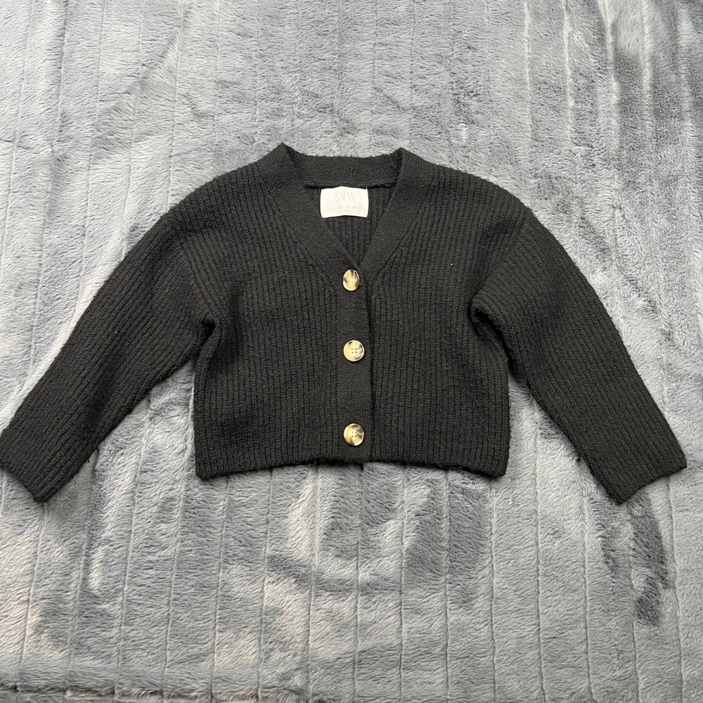 Zara Kids Black Ribbed Knit Button Front Cardigan Sweater Wool Blend Size 6-7
